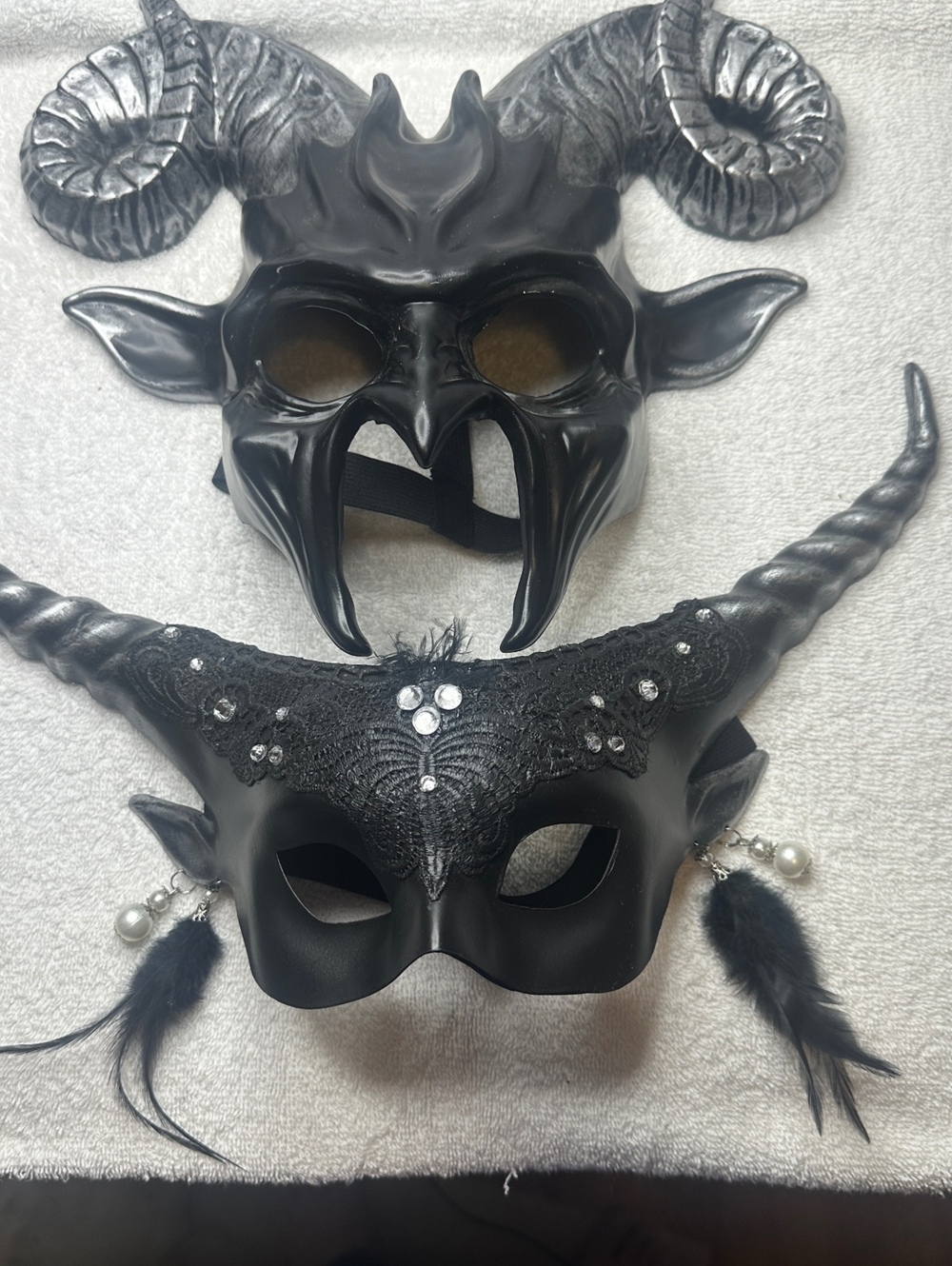 Couples Masquerade Halloween Set of Two Horned Devil Masks Black & Silver Finish
